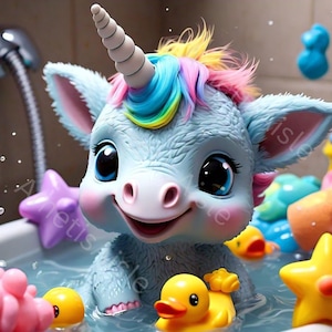 Adorable Baby Unicorn Bath Time Print – Cute Rainbow Unicorn for Nursery Wall Art and Kids Room Decor. PNG files available.