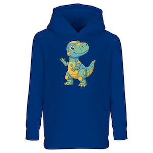 Könnte beinhalten: Ein königsblauer Kapuzenpullover mit einem Cartoon-Roboter-Dinosaurier in Grün, Gelb und Blau. Der Dinosaurier winkt. Der Hoodie hat eine Kapuze und eine Kängurutasche.