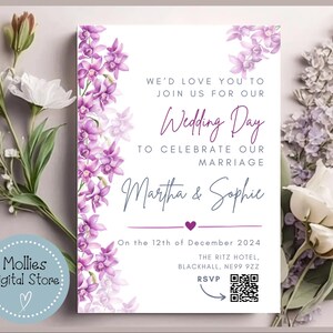 May include: Purple floral wedding invitation with the text "WE'D LOVE YOU TO JOIN US FOR OUR Wedding Day TO CELEBRATE OUR MARRIAGE Martha & Sophie On the 12th of December 2024 THE RITZ HOTEL, BLACKHALL, NE99 9ZZ RSVP"
