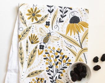 Bee Garden Tea Towel: Screen-Printed Flour Sack Cotton Dish Towel