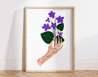 Wisconsin State Flower Art Print | Wisconsin Wood Violet - State Flower - Wisconsin State Wall Art - Home Decor