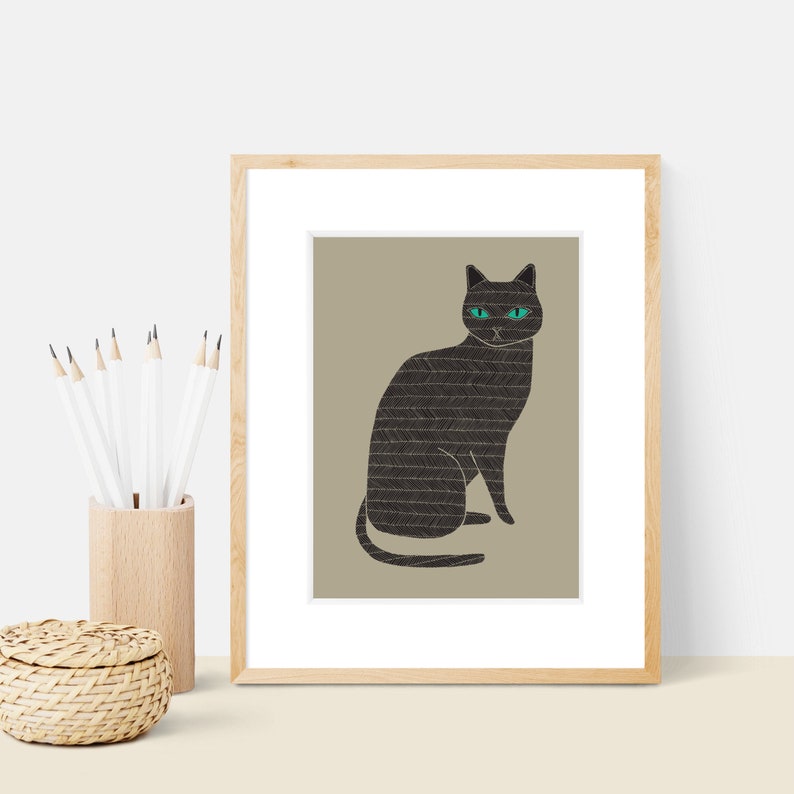 Black Cat Animal Art Print Animal Illustration Home & Nursery Decor image 1