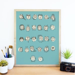 Owlphabet Art Print Alphabet Illustration Home & Nursery Decor image 5