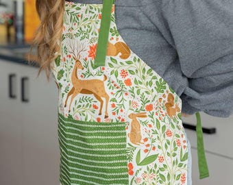 Ivory Christmas Forest Apron | home essentials, gift for her, cotton apron, kitchen essentials, floral linens, baking tools