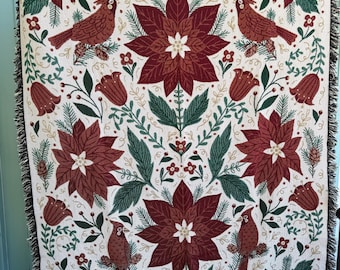 Christmas Poinsettia Blanket | Woven USA Throw, Cozy Home Decor