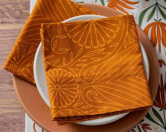 Orange Flower Lines Napkins - Set of 4, Cotton Kitchen Linen