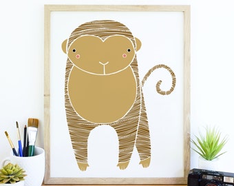 Monkey Art, Baby Animal Print, Safari Animal Art, Safari Monkey Print, Animal Art, Monkey, Monkey Nursery Decor, Monkey Illustration