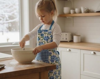 Delantal infantil con estampado de hortensias / 100% lona de algodón, diseño rústico, ideal para repostería y cocina.