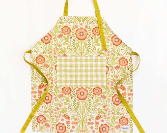Delantal de algodón con estampado floral de amapolas / Ajustable, ideal para hornear.