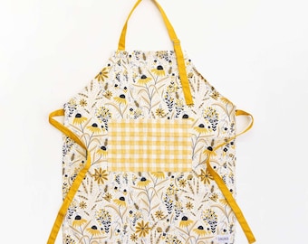 Delantal de algodón con estampado floral / Diseño de jardín de abejas, repostería de cocina