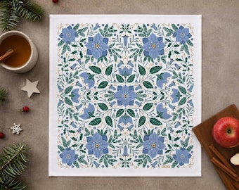Blue Winter Flowers Tea Towel | flour sack towel, dish towel, kitchen towel, home essentials, housewarming gift, Christmas gift