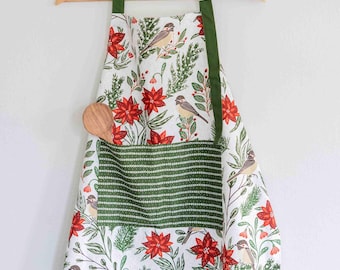 Poinsettia & Pine Apron | home essentials, gift for her, cotton apron, kitchen essentials, floral linens, baking tools, Christmas Gift