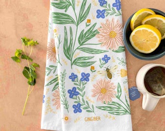 Paño de cocina con estampado de flores silvestres: paño de cocina de algodón con estampado de saco de harina de jengibre.