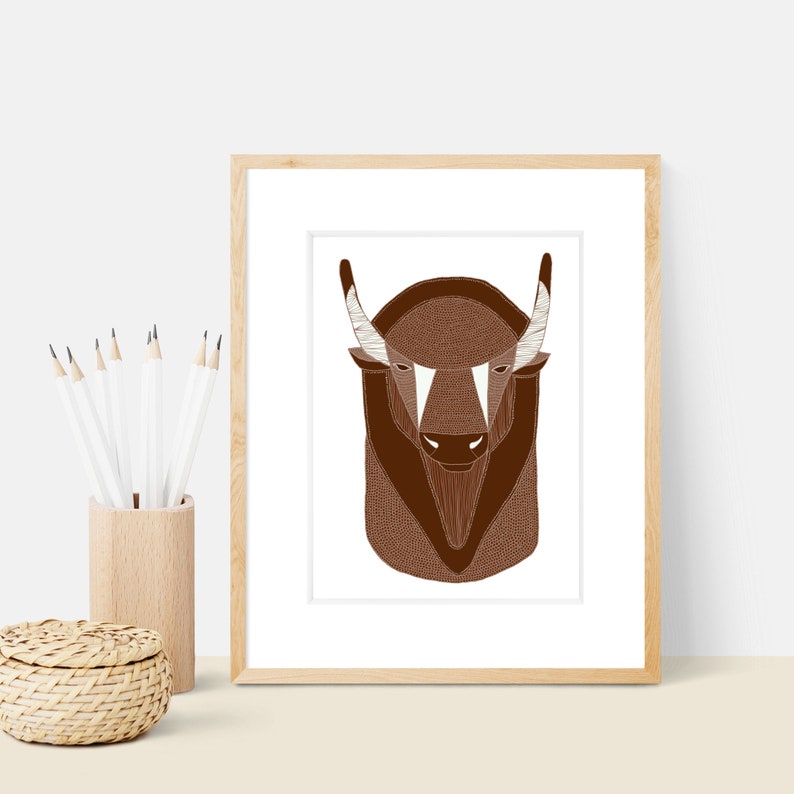 Buffalo Head Animal Art Print Animal Illustration Home & Nursery Decor image 1