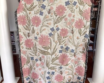 Manta de algodón tejida con estampado floral de abejas / Manta acogedora hecha en EE. UU. (72"x54")