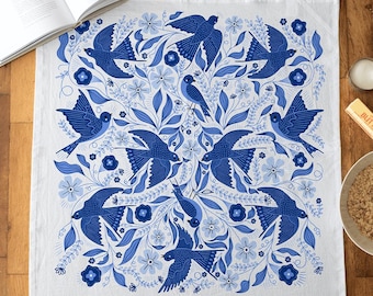 Blue Songbird Tea Towel: Flour Sack Cotton Kitchen Dish Towel