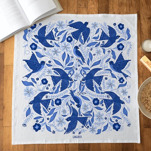 Blue Songbird Tea Towel: Flour Sack Cotton Kitchen Dish Towel