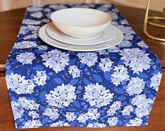 Camino de mesa de hortensias azul oscuro / 100% lona de algodón para cocina (40,6 cm x 203,3 cm)