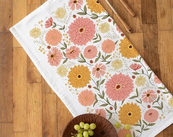 Paño de cocina Zinnia / Decoración de cocina de algodón tipo saco de harina con estampado serigrafiado