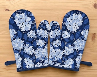 Guantes de cocina azul oscuro con estampado de hortensias (juego de 2) / Artículos esenciales de cocina Gingiber