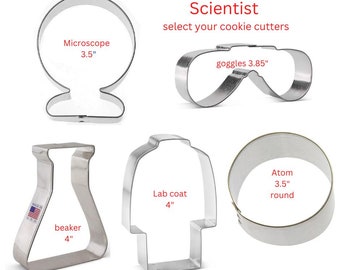 scientist cookie cutter, you pick your set, chemistry, science, microscope, goggles, lab coat, atom, beaker