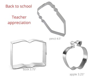 Back to School Teacher appreciation cookie cutter set of 3, pencil, book,, apple cookie cutters made in USA, metal cookie cutters