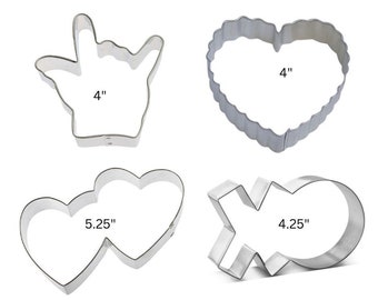 Valentine's Day cookie cutter, you pick style, xo hugs & kisses, ASL hand sign language, 5.25" double heart, 4" scalloped heart wedding