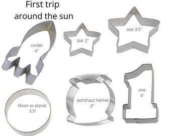 first birthday, 1st trip around the sun birthday cookie cutter, rocket, planet, moon, astronaut helmet, star, number one, or 2 the moon