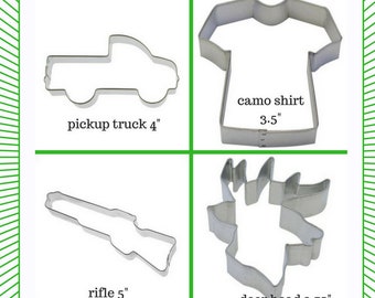 Deer hunter Cookie Cutter, Hunting rifle, deer head, camo tshirt, pick up truck