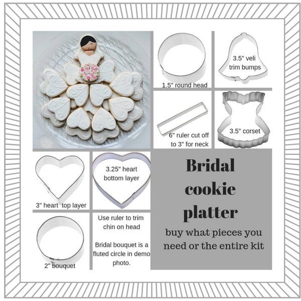 Bridal platter cookie cutter, set of 7, Bride Wedding Dress, buy what cutters you need