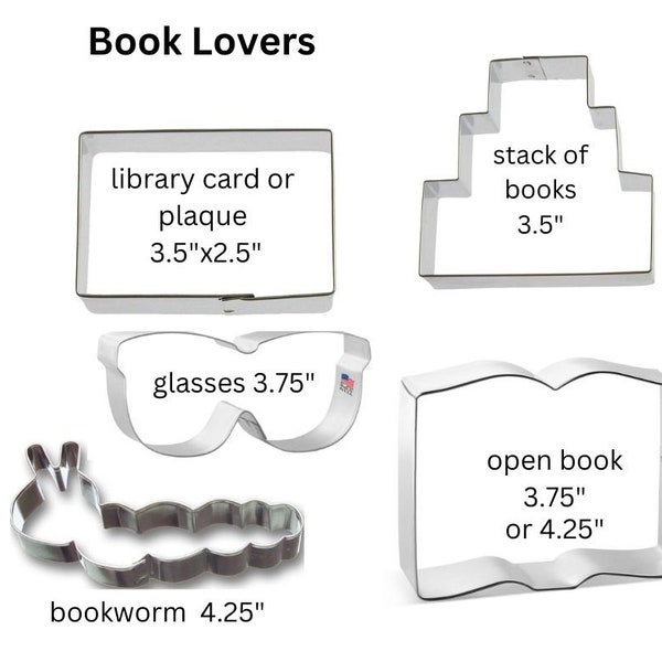 Book lovers cookie cutters, You pick, Book, library card, glasses, stack of books, bookworm book worm cookie cutter