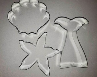 mermaid set of 3 cookie cutters,  mermaid tail, seashell and starfish cookie cutters, Made in US measurements in description