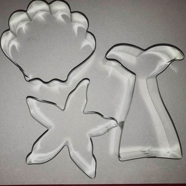 mermaid set of 3 cookie cutters,  mermaid tail, seashell and starfish cookie cutters, Made in US measurements in description