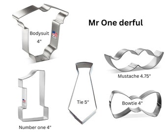 Mr One Derful cookie cutters, you pick cutters, number one, bodysuit, mustache, bowtie, tie, first birthday, mr. 1