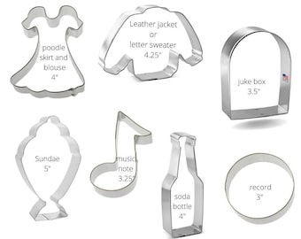 50's theme cookie cutters, Malt shop, rock and roll, you pick set,  jukebox, record, music note, poodle skirt, sundae, soda pop