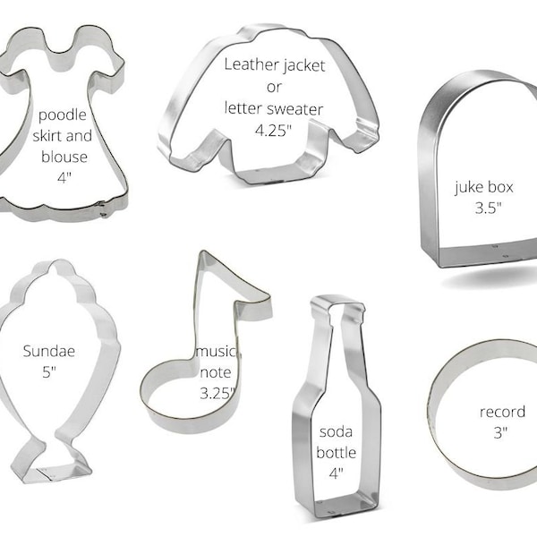 50's theme cookie cutters, Malt shop, rock and roll, you pick set,  jukebox, record, music note, poodle skirt, sundae, soda pop