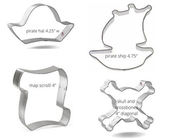 Pirate cookie cutter, you pick your set, pirate ship, hat, map, skull and crossbones set of 4