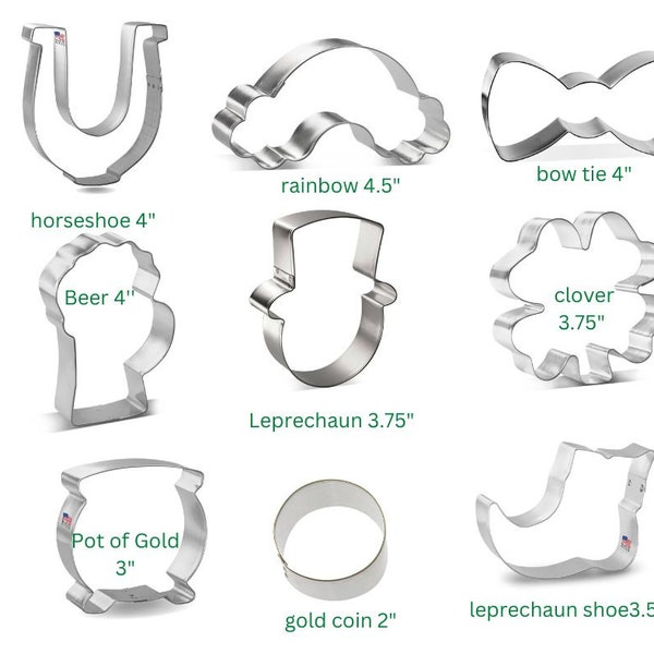 St Patrick's Day cookie cutters, you pick your set,Leprechaun face, rainbow, pot of gold, shamrock, horseshoe, beer, bow tie, gold coin