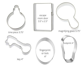 Escape Room cookie cutters, you pick your set, Spy cookie cutter, magnifying glass, footprint, door, fingerprint or lock, key, time clock