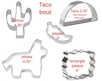 Taco Bout cookie cutter assortment, you pick set, taco, pepper, rectangular plaque, cactus, piñata cookie cuter, Cinco de Mayo, Made In USA