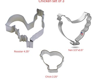 Chicken Family of 3, you pick set, Rooster cookie cutter, 4.25", Hen Cookie cutter 4" Chick cookie cutter 2.25" Chicken cookie cutter