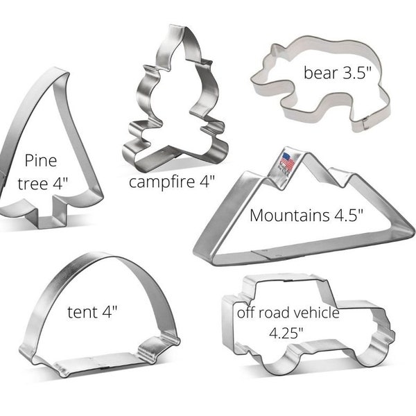 Adventure cookie cutter set, you build set, camping, mountain, campfire, tent,, bear, pine tree,  Off road vehicle, outdoor, baby shower