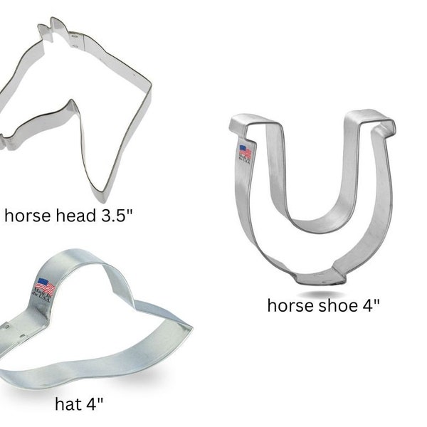 Derby set of 3 cookie cutters, Horse Head, hat, horseshoe   Derby racing, party supply, made in USA horseshoe.  May not arrive by May 4,2024