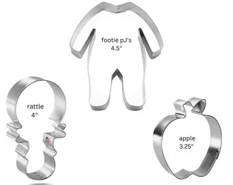 Apple of my eye Cookie cutter set of 3 Apple w/ leaf,  footed pajamas, rattle, made in USA