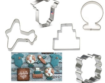 Adventure awaits cookie cutter set, you build set, baby shower, travel trip globe, suitcase, airplane, baby bodysuit, plaque, travel agent