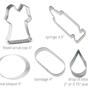 phlebotomist cookie cutter, you pick your set, phlebotomy cookie cutter, scrub top, syringe, bandage, oval plaque drop of blood medical