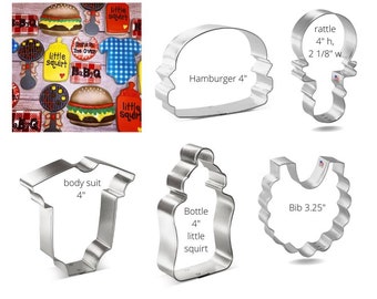 baby bbq cookie cutter set. bib, bottle, body suit, hamburger, rattle, baby shower, baby gender reveal, you pick your set