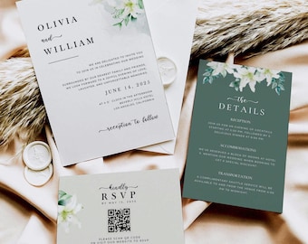Invitaciones de boda minimalistas en verde salvia: plantillas de Canva con flores blancas, editables e imprimibles SAG01