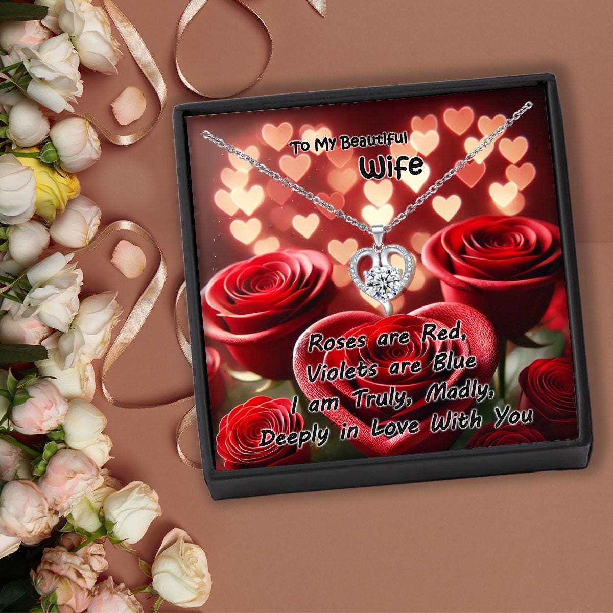 To My Beautiful Wife Crystal Heart Necklace Personalised Message Card ...