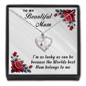 Rose Gold Mum Heart Necklace - Rose Flower Personalised Message Card & Gift Box - Present from Son Daughter - Gifts For Her Women